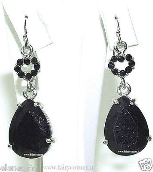 orecchini donna pendenti cuore strass e pietra nera goccia tono argento - Fairy Corner