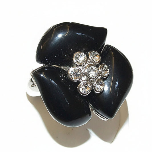 Anello donna tono argento FIORE tipo smalto nero strass brillanti - misura 14 - Fairy Corner
