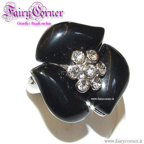 Anello donna tono argento FIORE tipo smalto nero strass brillanti - misura 14 - Fairy Corner