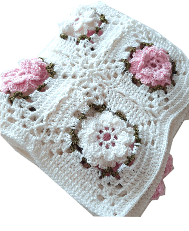 Copertina neonata lana fiori rose lana artigianale uncinetto "blooming rose" - Fairy Corner