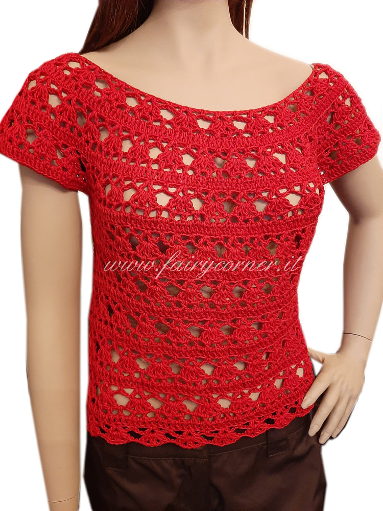 Lace top handmade crochet sweater in red cotton