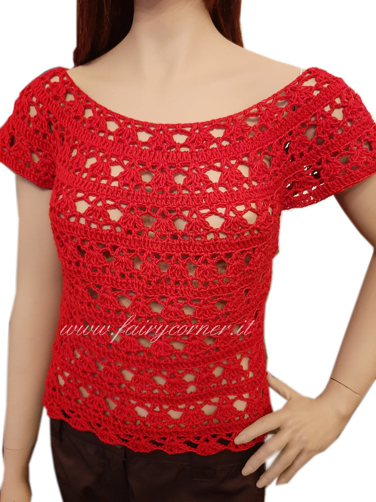 Lace top handmade crochet sweater in red cotton