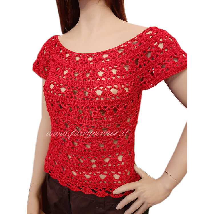 Lace top handmade crochet sweater in red cotton