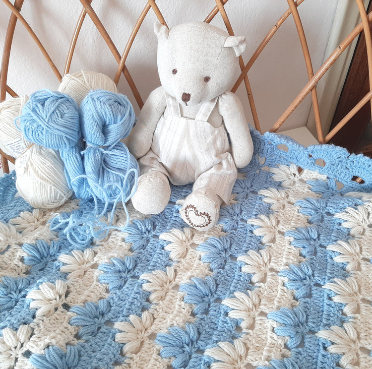 Handmade crochet light blue cream wool baby blanket TULIP POUFF