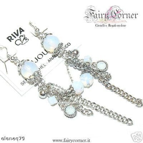 Orecchini donna tono argento vetro opale e catenelle - Fairy Corner