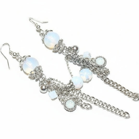 Orecchini donna tono argento vetro opale e catenelle - Fairy Corner