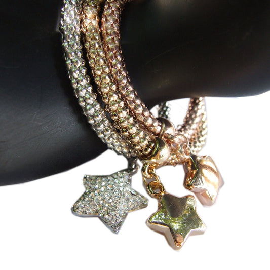 Bracciale donna 3 colori argento giallo rosa set 3 bracciali charms strass STAR - Fairy Corner