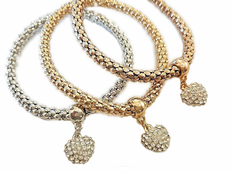 Bracciale donna 3 colori argento giallo rosa set 3 bracciali charms strass HEART - Fairy Corner