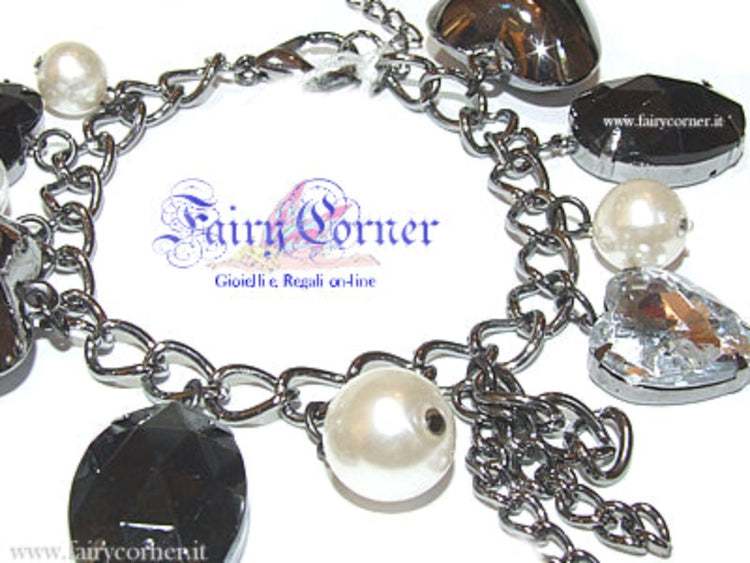 Bracciale donna charms cuori e perle in metallo brunito cuori