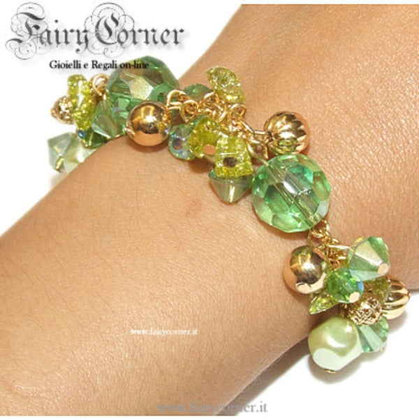 bracciale charms tono oro perle e cristalli sfaccettati verde