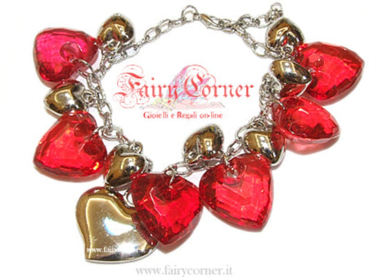 bracciale donna charms tono argento cuori rossi