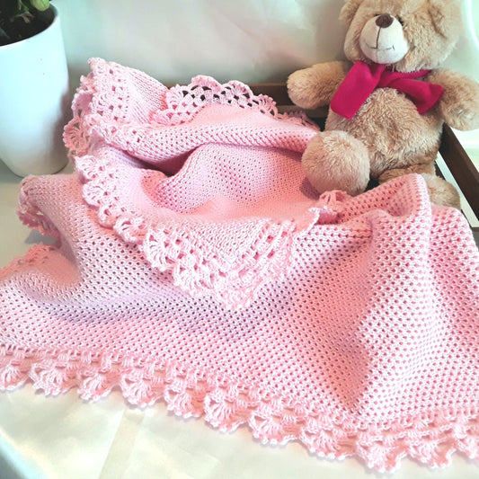 Copertina neonata rosa a maglia con pizzo uncinetto artigianale - Fairy Corner