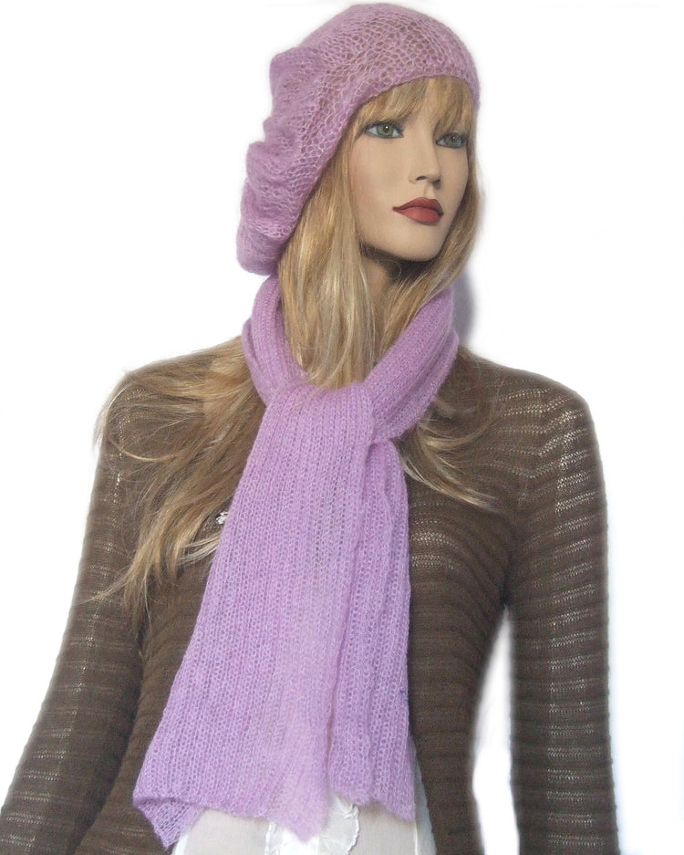 Women's complete scarf + beret in lilac mohair