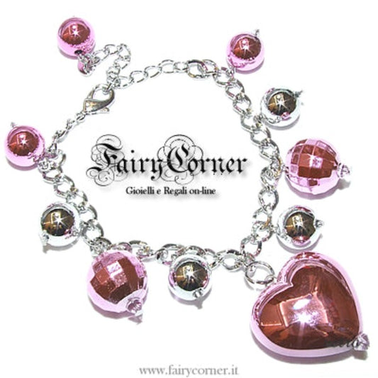 bracciale donna tono argento charms cuori rosa metallizzati