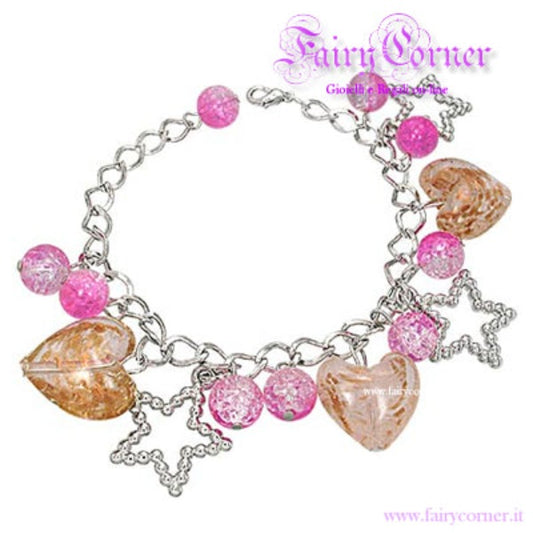 women's silver tone bracelet with pink heart star charms