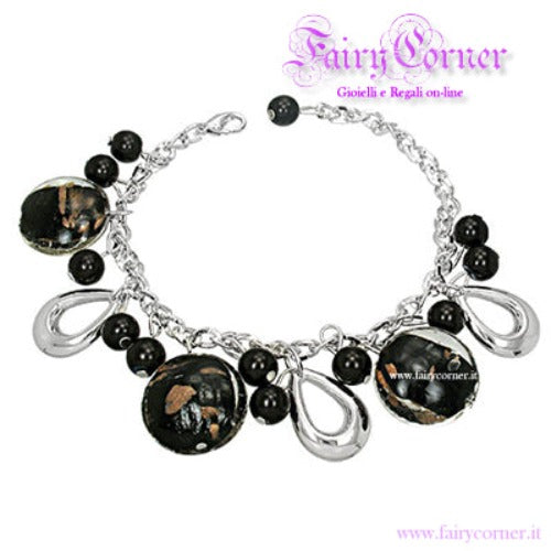 bracciale donna tono argento charms con vetro nero oro perle