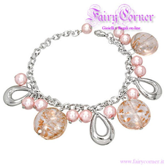 women's silver tone bracelet with pink pearl charms