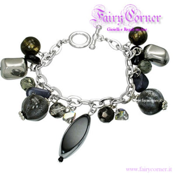 Antique women's bracelet with charms in shades of black and grey