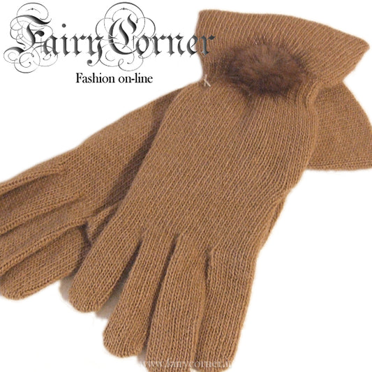 Guanti lana donna con pon pon di visone color cammello