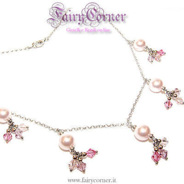 ciondolo collana girocollo donna argento 925 PERLE e cristalli ROSA - Fairy Corner