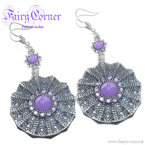 dangle earrings in antique silver with rhinestones and purple stones