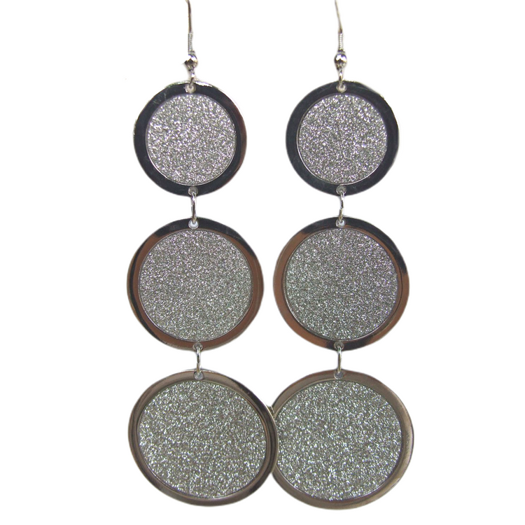 Long silver tone earrings with ROUND glitter
