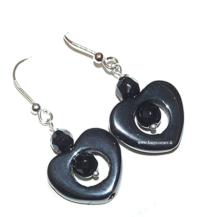 Natural onyx and 925 silver earrings - hearts