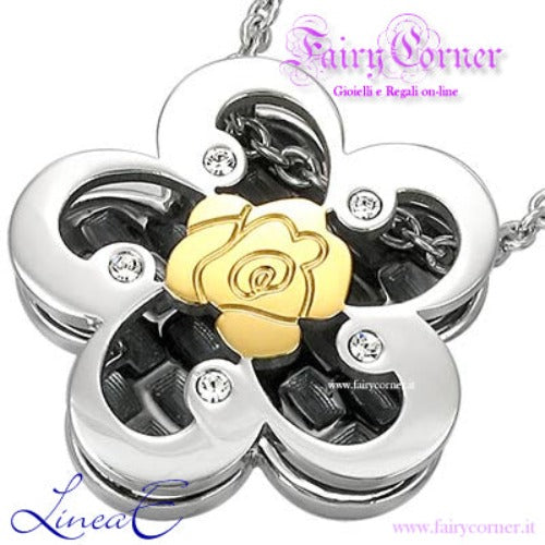 Ciondolo in acciaio bicolore FIORE con ROSA - Fairy Corner