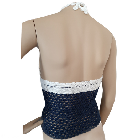 Top donna uncinetto schiena nuda 100% cotone - tg S - Blu e Bianco