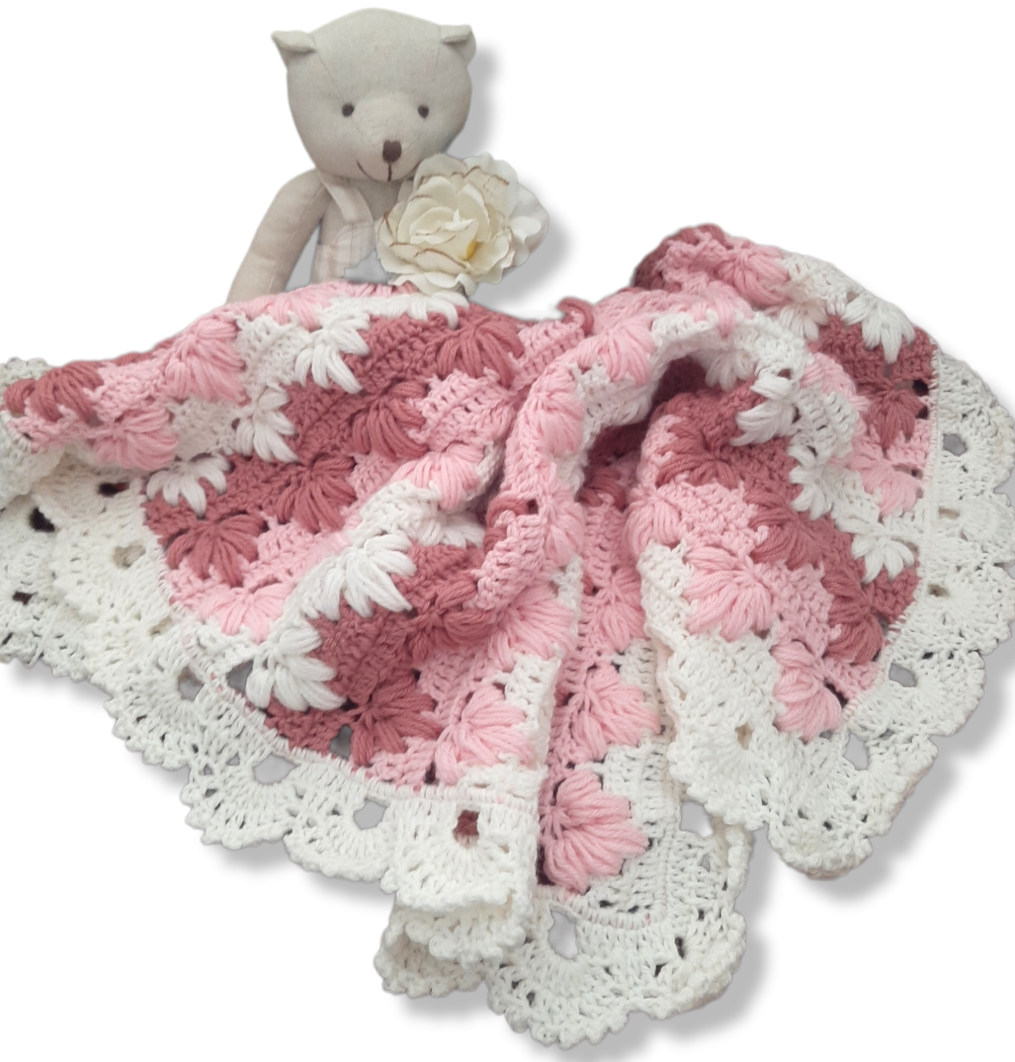 Copertina neonata lana bianco rosa realizzata a mano all'uncinetto