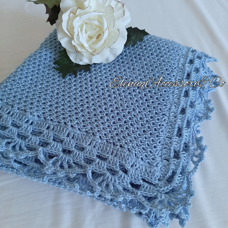 Honeycomb knitted baby blanket with handmade crochet lace, light blue