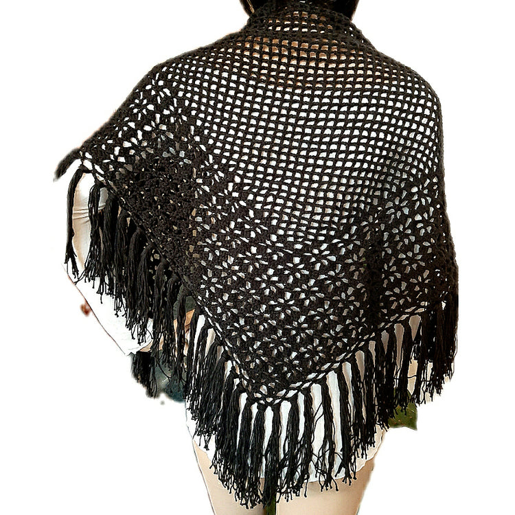 Cotton mesh shawl with black fringes