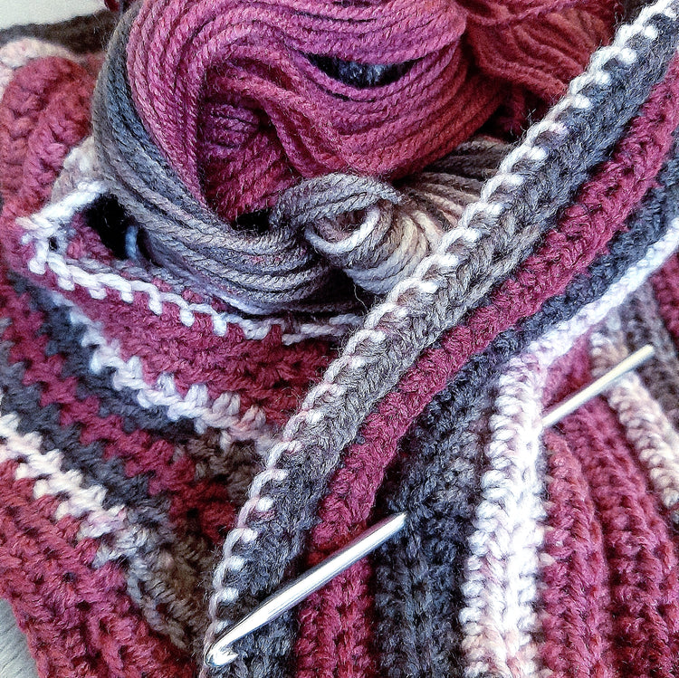 Unisex artisan crochet tie scarf BURGUNDY MIX