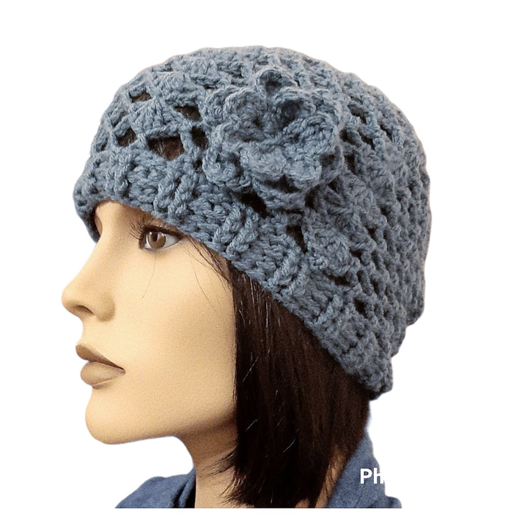 Berretto donna lana CHERIE artigianale uncinetto JEANS