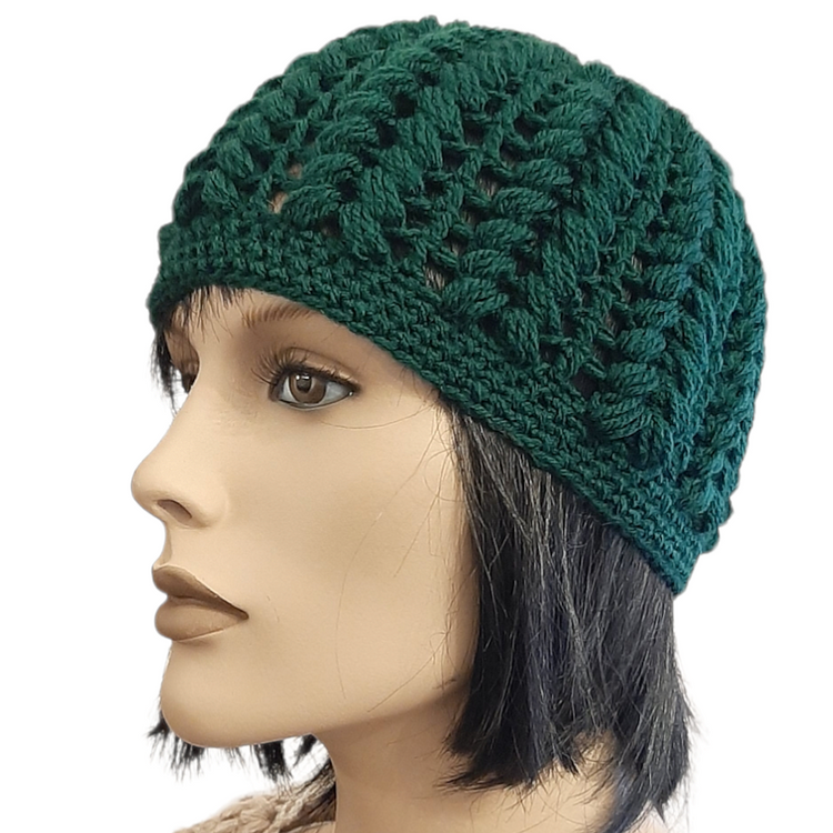 Women's wool pouff handmade crochet hat - green