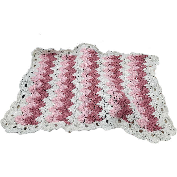 Handmade crochet pink white wool baby blanket TULIP POUFF
