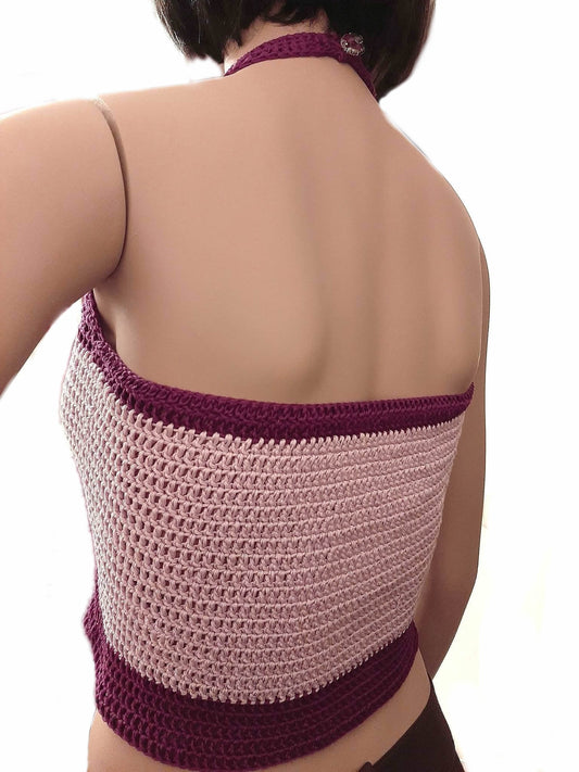 Top maglia cotone uncinetto fuxia lilla con fiori taglia S/M - Fairy Corner