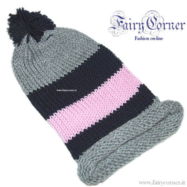 berretto donna lana merinos righe grigio blu rosa - maglia artigianale - Fairy Corner