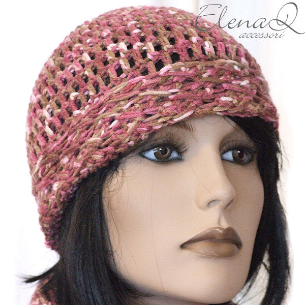 berretto donna lana sfumato marrone rosa merinos- uncinetto artigianale - Fairy Corner
