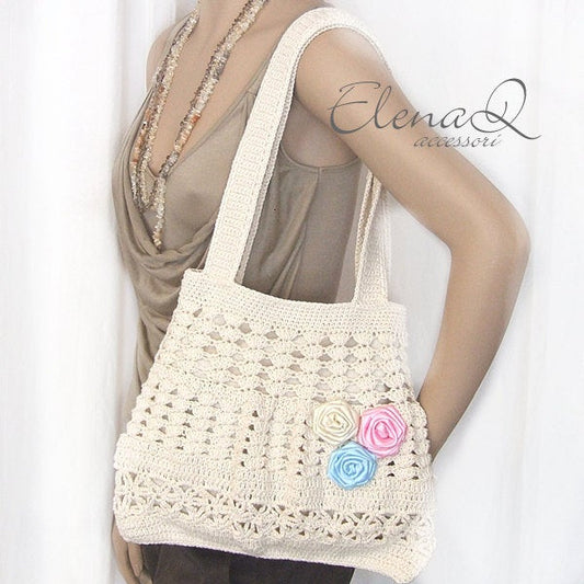 Elegante borsa in cotone con rose di raso colorate - Fairy Corner