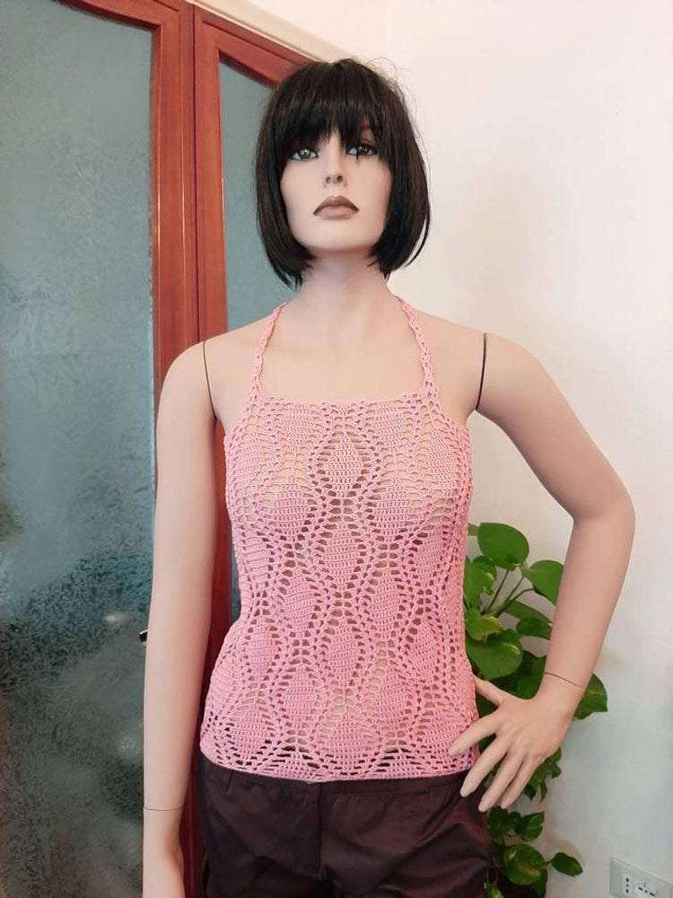 Top donna cotone all'uncinetto in pizzo Rosa Antico - Taglia S - Fairy Corner