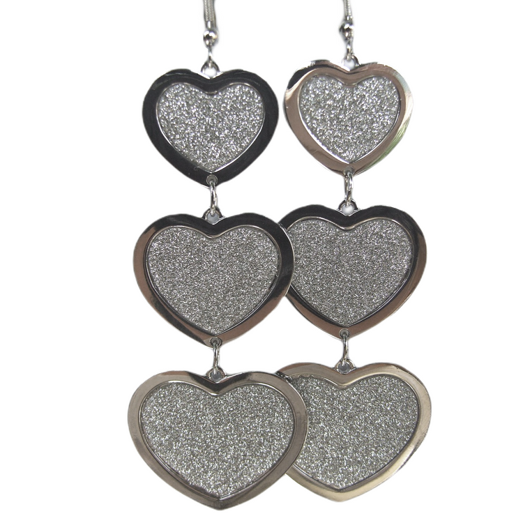 Long silver tone earrings with HEART glitter