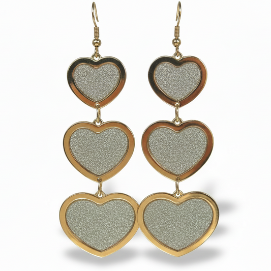 Orecchini Lunghi Tono Oro a Cuore con Glitter - 9.8cm Nickel Free