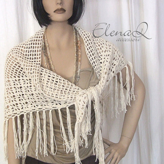 Scialle rete in cotone con frange colore naturale beige - Fairy Corner