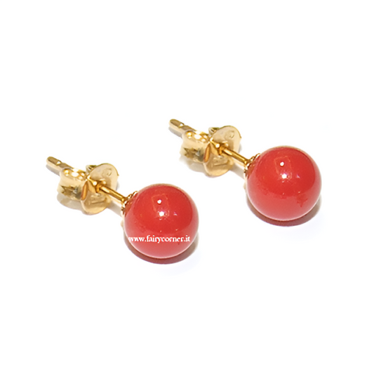 Silver earrings with 18 kt gold, 7 mm red coral paste