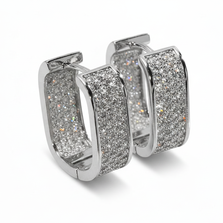 Orecchini Cerchi Rettangolari con Zirconi Bianchi Pavè - Anallergici 1.2x1.8cm