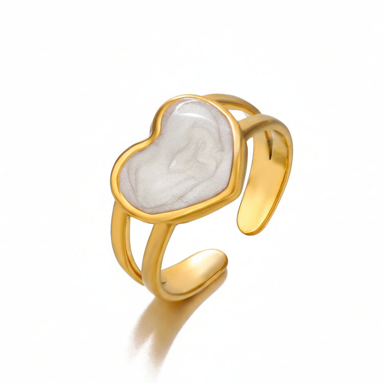 Anello Cuore Regolabile con Smalto Bianco Oro - Acciaio Anallergico