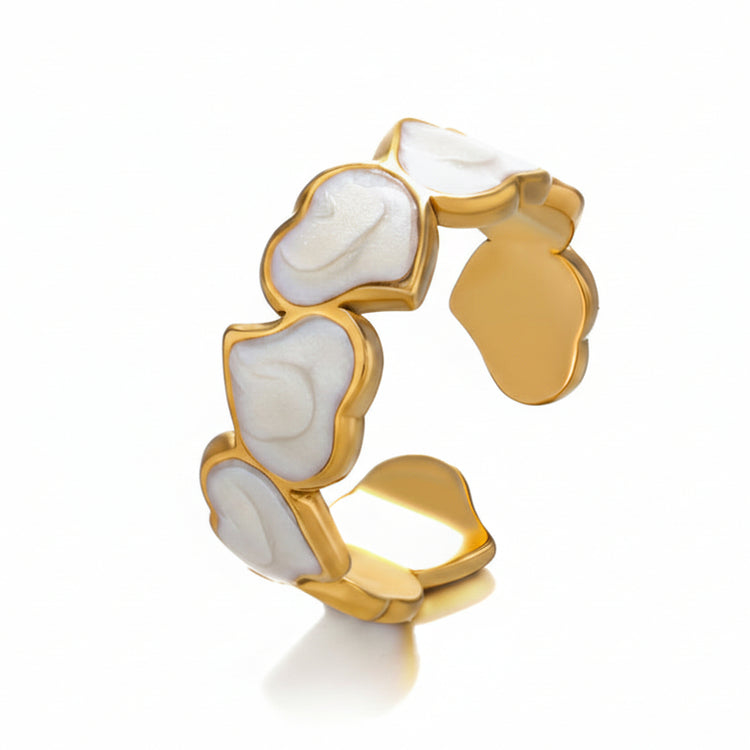 Anello Regolabile Cuori Smalto Madreperla Oro - Acciaio 1.7cm