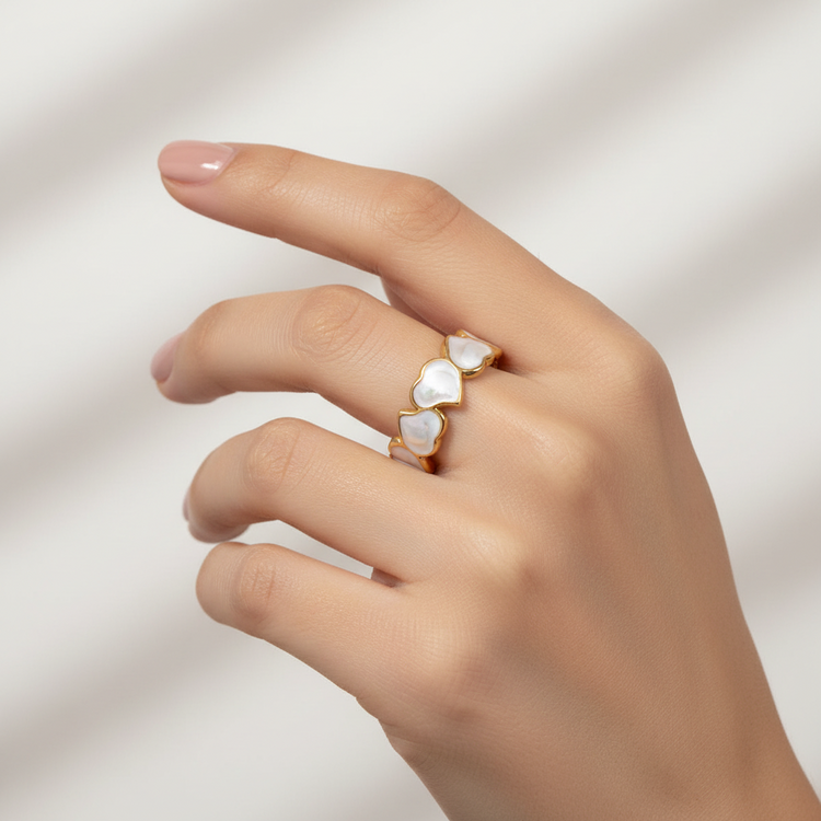 Anello Regolabile Cuori Smalto Madreperla Oro - Acciaio