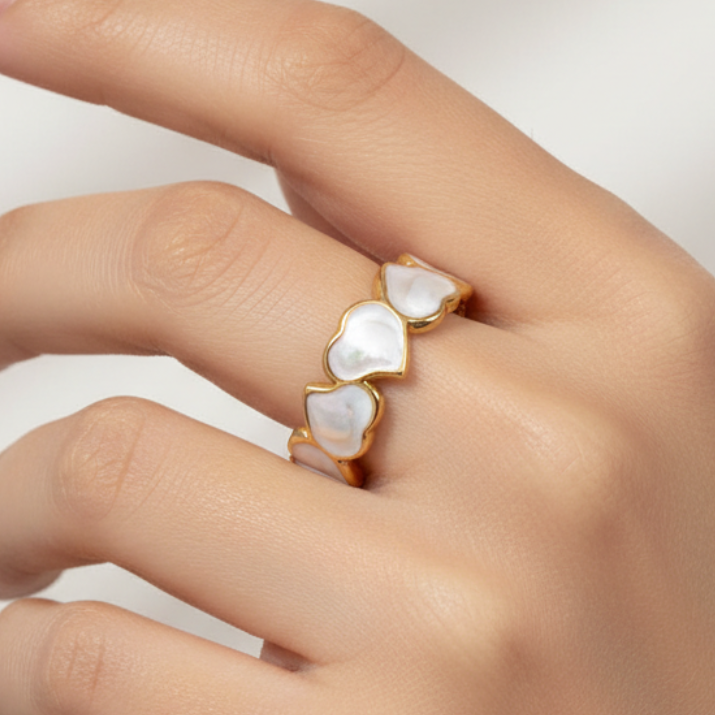 Anello Regolabile Cuori Smalto Madreperla Oro - Acciaio